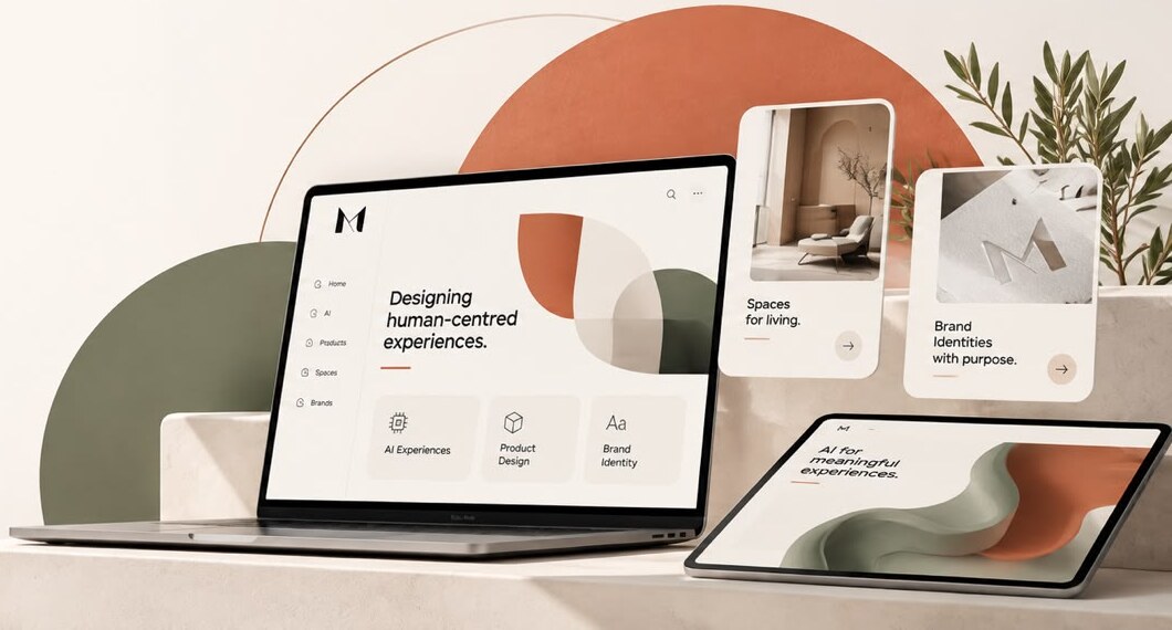 Muse & Meraki Design Studio LLP work shown on a laptop, tablet and cards for spaces and brand identity